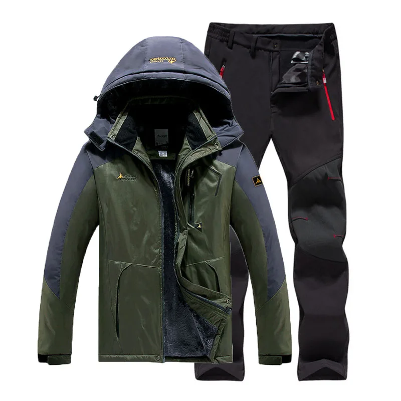 Army Green Suit Большие размеры 6XL мужские зимние меховые водонепроницаемые теплые рыболовные треккинговые походные лыжные куртки флисовые спортивные штаны - Цвет: Army Green Suit