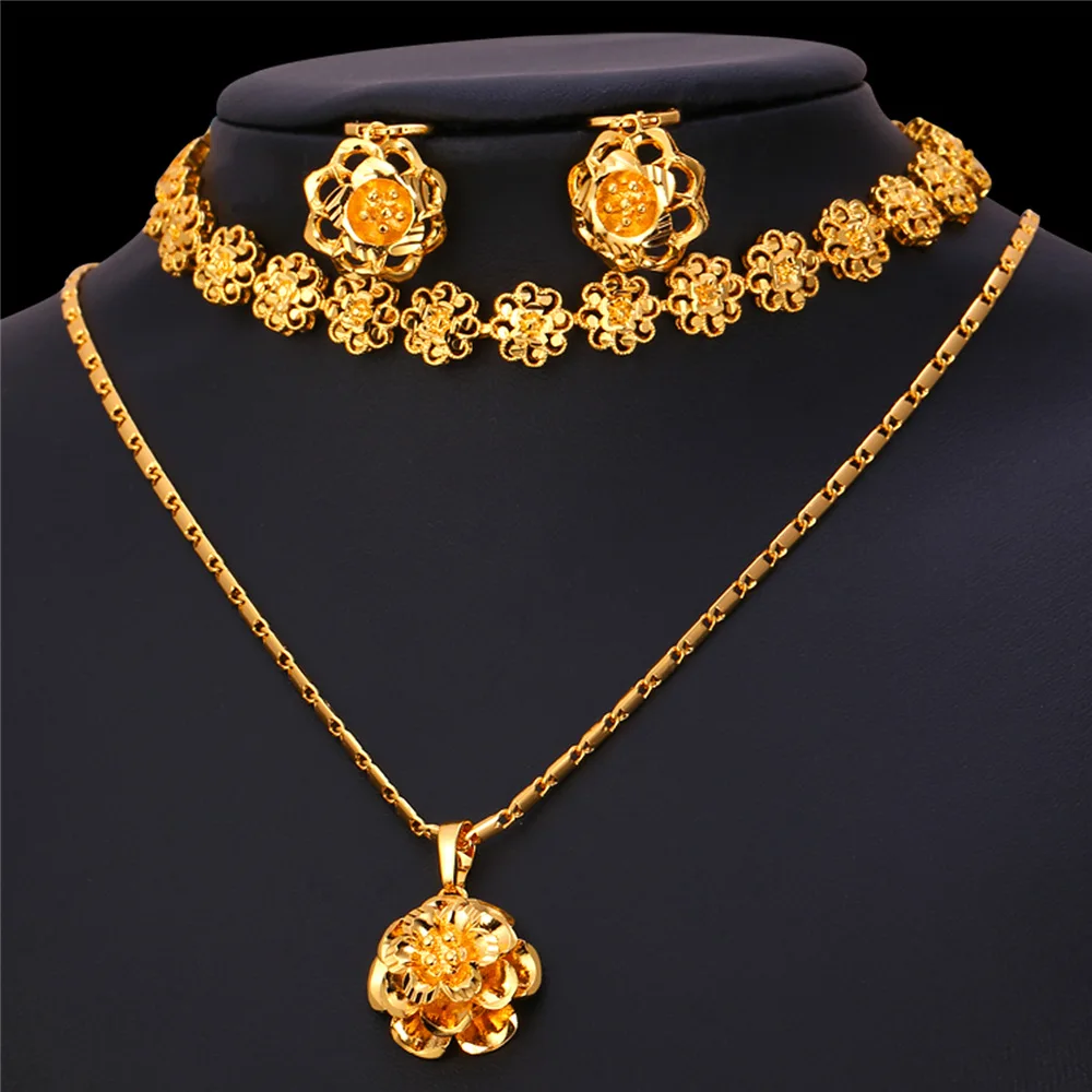 U7 Золотой/Серебряный Цвет Винтаж Цветок Ожерелье Серьги Браслет Комплект