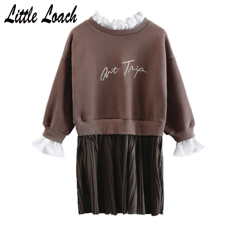 Kids Hoodies Style Dress 3-12Years Students Girls Casual Pleated Fake Two Pieces Cotton Tops Printed Dresses Cute Vestidos | Детская