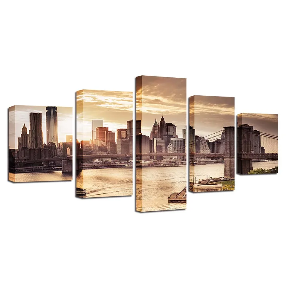 5 Pieces Wall Art Brooklyn Bridge Building Scenery Painting Framework Picture Canvas Modular HD Printed Decor Modern Living Room |