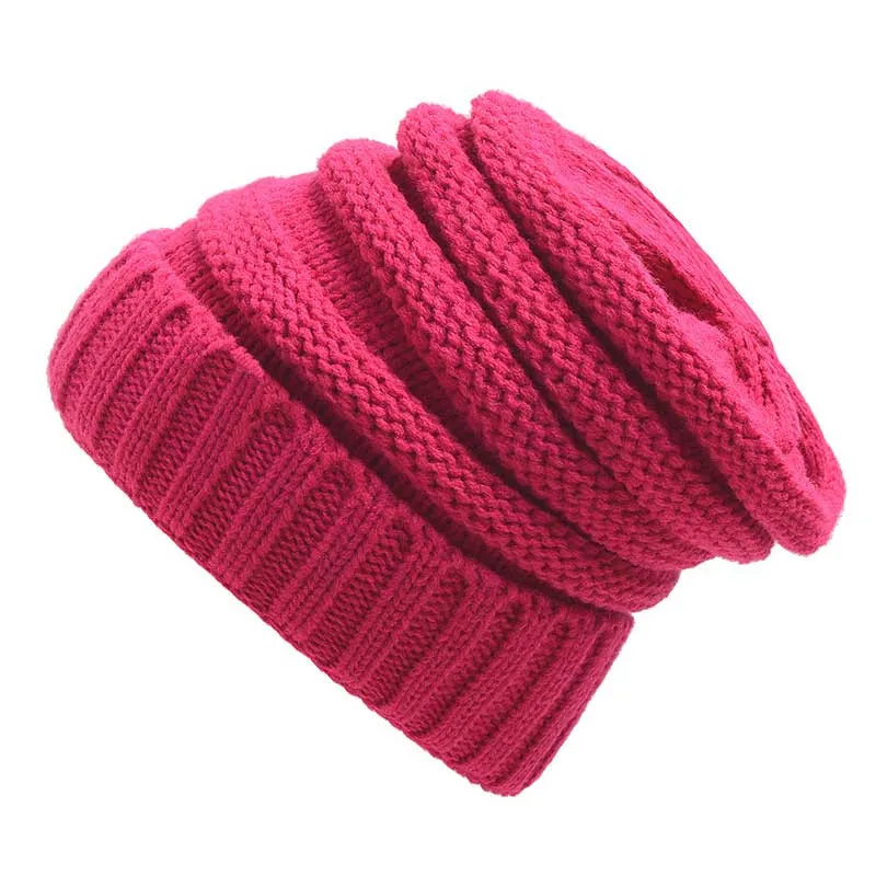 Hot pink Зимние шапки для женщин Skullies Beanies, Мужская шерстяная шапка, повседневная женская вязаная громоздкая шапочка, шапки унисекс, мешковатая теплая шапка, вязаная крючком шапка - Цвет: Hot pink