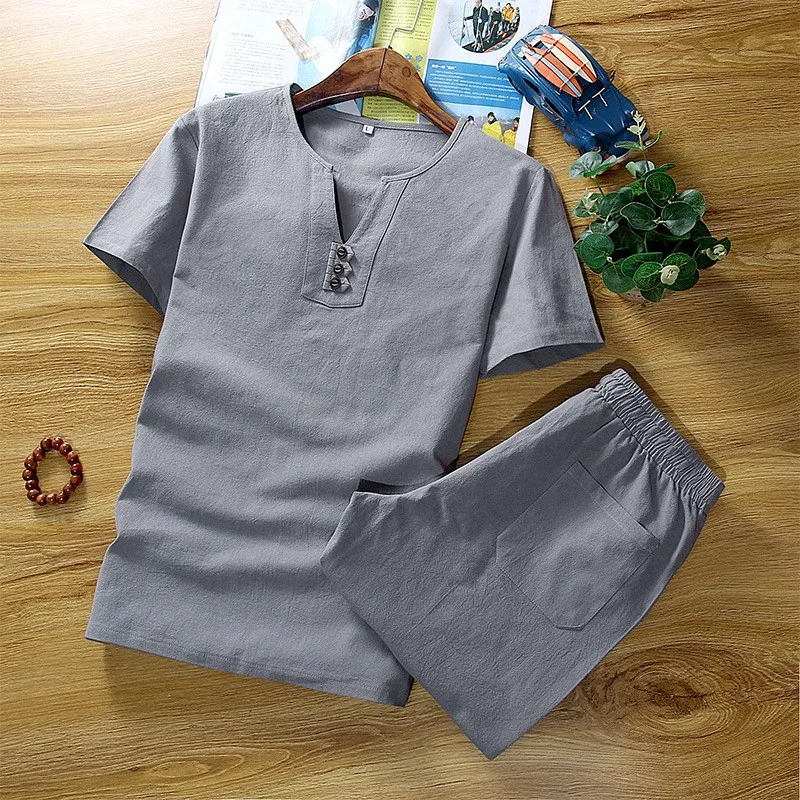Комплект мужской из хлопка и льна тонкая футболка с коротким рукавом модный