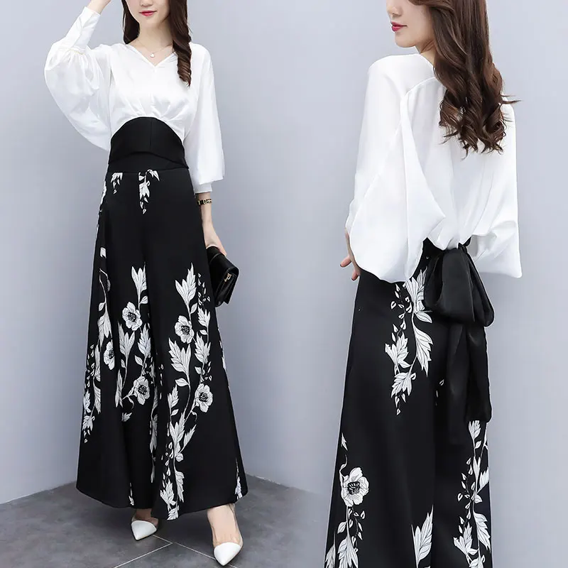 Шифоновый Женский комплект 2 шт. с цветочным принтом и рукавами фонариками костюм