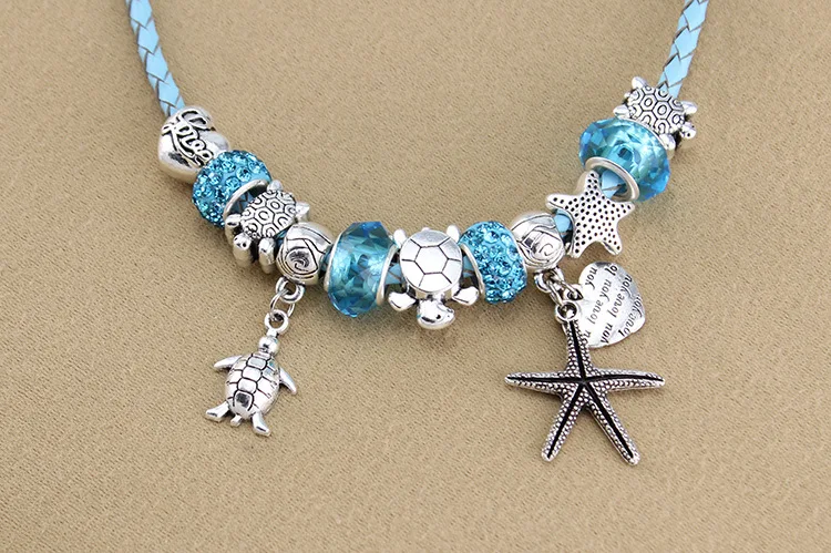 Женские серебряные подвески pandora браслет Многослойный кожаный Синий Кристалл DIY