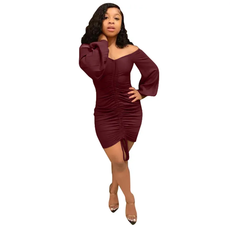 Fashion Draped Sexy Mini Dress Spring Solid Bodycon Bandage Vestidos Femme LS6115 | Женская одежда