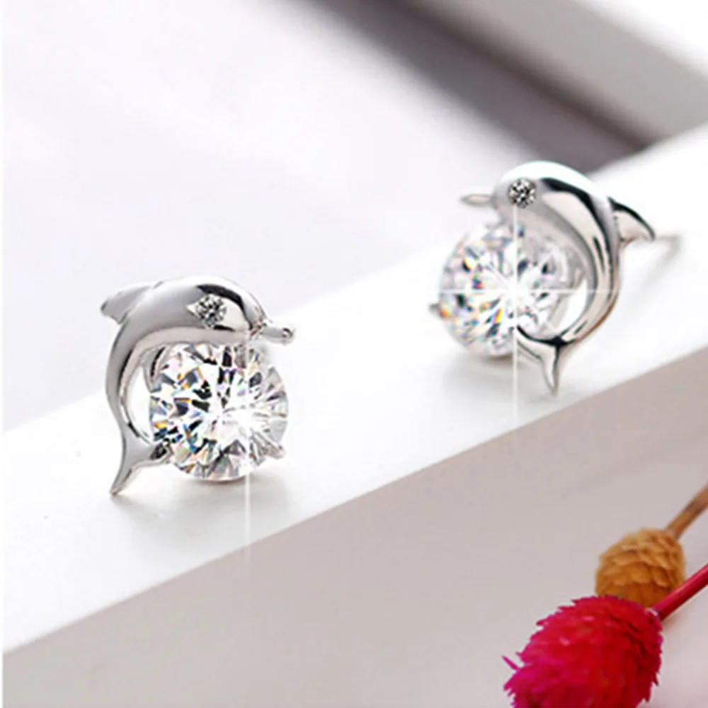 M MISM Cute Dolphin Love Stud Earrings New Korean Style Small Shiny Kolczyki Cubic Zirconia Boucle D'oreille | Украшения и