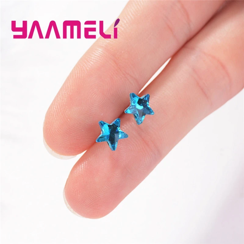 

925 Sterling Silver Korean Style Blue Cubic Zirconia Five-pointed Star Stud Earrings For Party Women Ear Pin Top Quality
