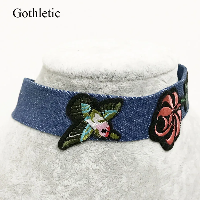 Модный новый голубой джинсовый чокер gotetic 2019 ожерелье с цветочной вышивкой птицы