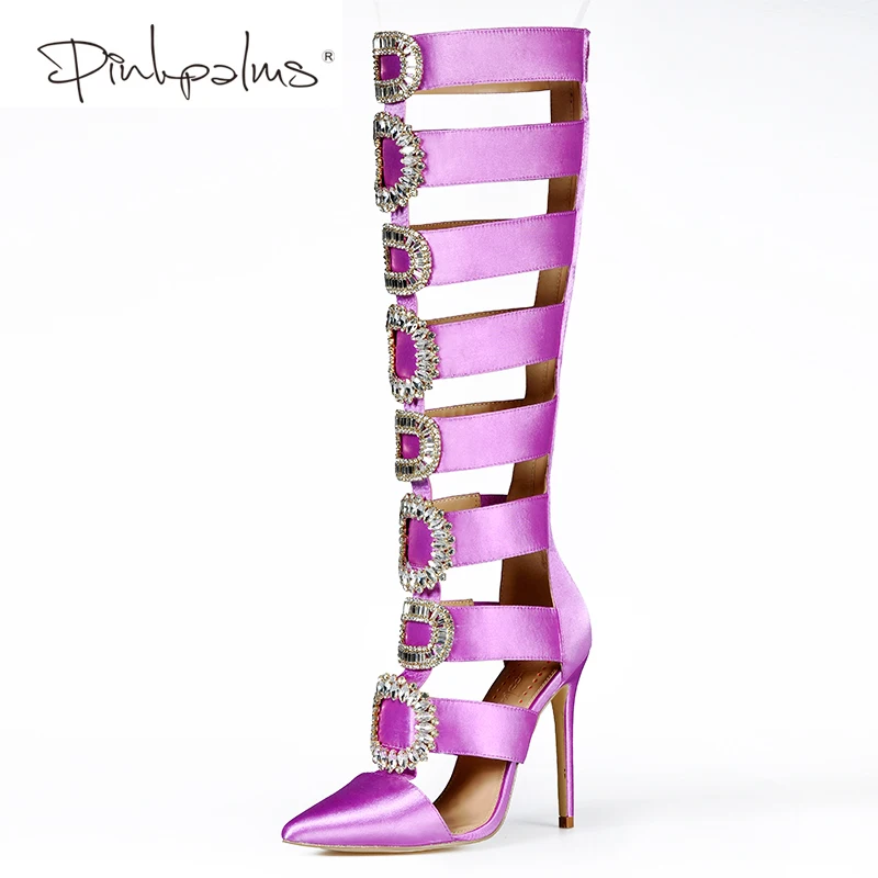 Босоножки женские до колена заостренный носок блестящие сандалии с кристаллами