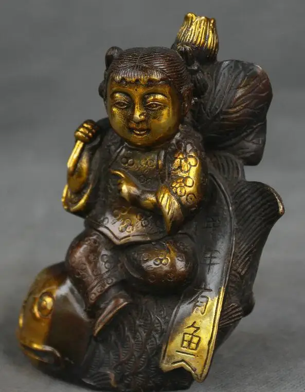 zhmui88002841329++5" Marked Old Chinese Bronze Gilt Feng Shui Boy Lad Kid Ride Fish Wealth Statue | Дом и сад