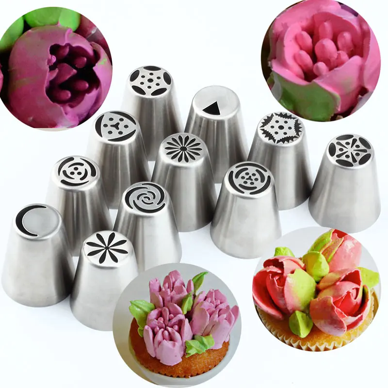 Stainless Steel 11Pcs Russian Flower Pastry Tips Cream Icing Tulip Nozzles Piping Cupcake Kitchen Bakeware Cake Decorating Tools
