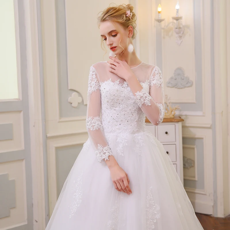 Новинка года принцесса Vestido De Novia Элегантные линии с длинным рукавом свадебное платье Sheer поезд кружево с аппликацией и бисером свадебные платья