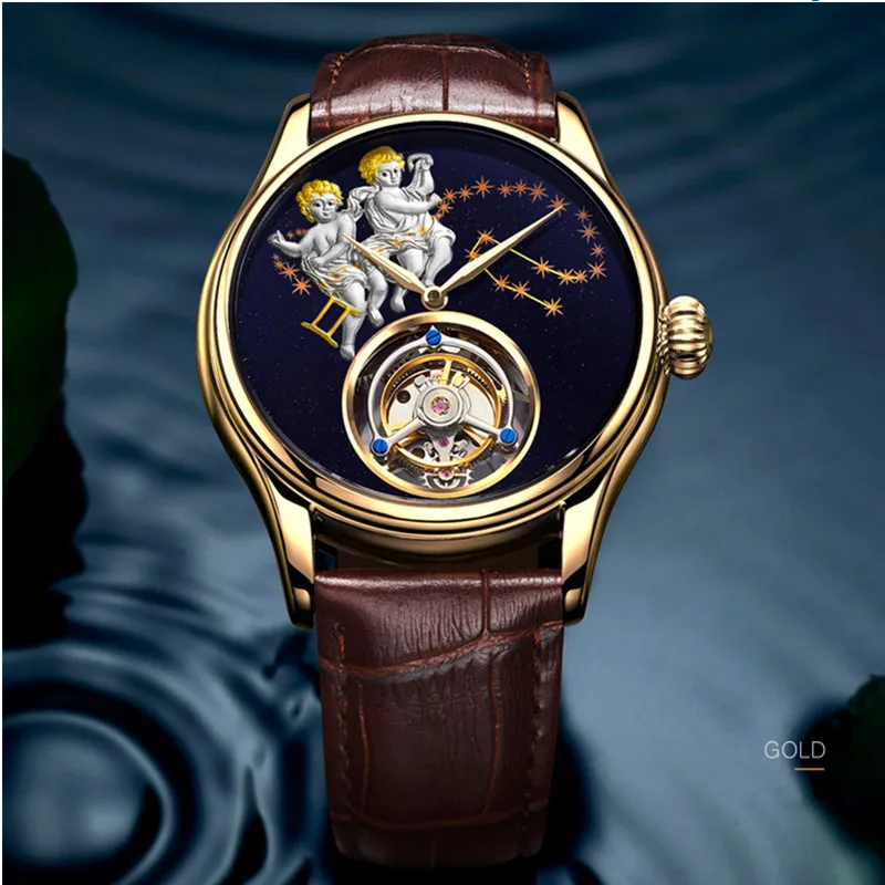 Relogio Masculino ANGELA BOS люксовый бренд Tourbillon автоматические часы мужские водонепроницаемые 3D GEMINI механические наручные часы мужские - Цвет: Gold