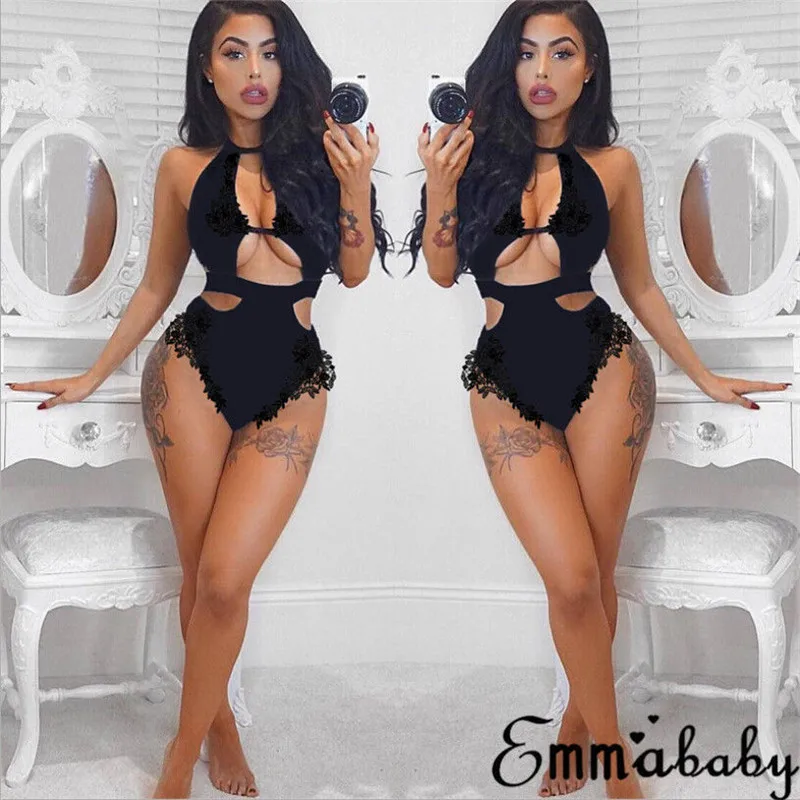 

Plus Size Women Perspective Jumpsuit 2018 New Crochet Strappy Plunge Lace Floral Bodysuit Bodycon Tops Lady Halter Jumpsuit 3XL