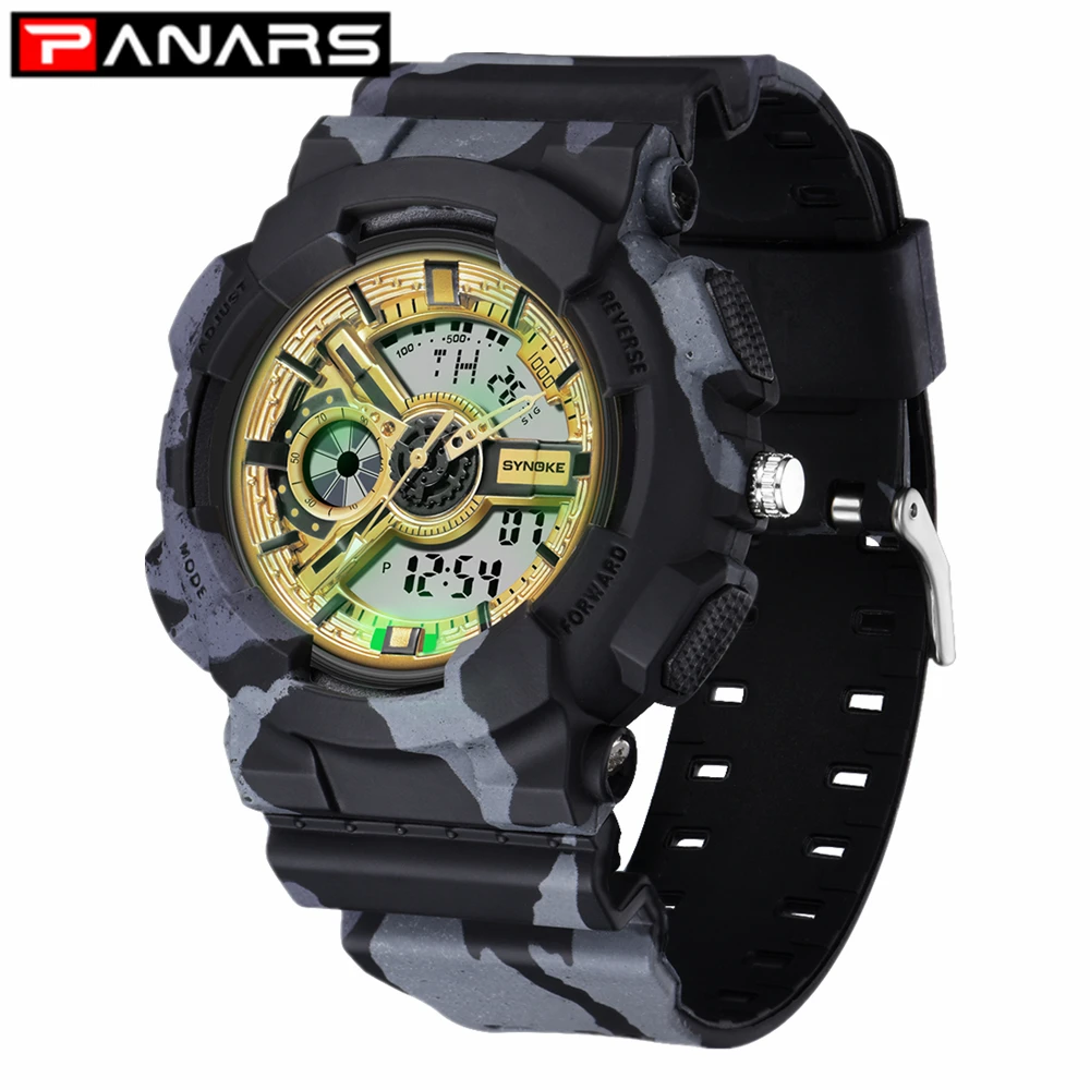 

PANARS 2019 New Military Digital Watch Camouflage Outdoor Sports Double Display Electronic Waterproof Meter Watches for Men