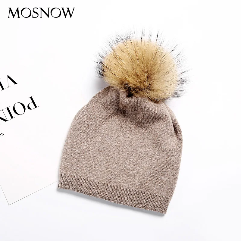 

Autumn Winter Beanies Hat For Women Knitted Wool Skullies Casual Cap With Real Raccoon Fox Fur Pompom Solid Colors Ski Beanie