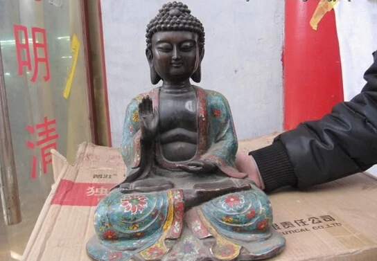 Тибет Буддизм Фейн 100% Pure Bronze перегородчатой Амитабха Татхагата Статуя Будды