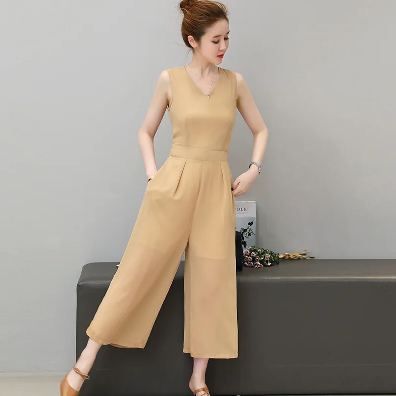 Высокое качество Лето Новая мода дамы комбинезон шифон без рукавов комбинезоны