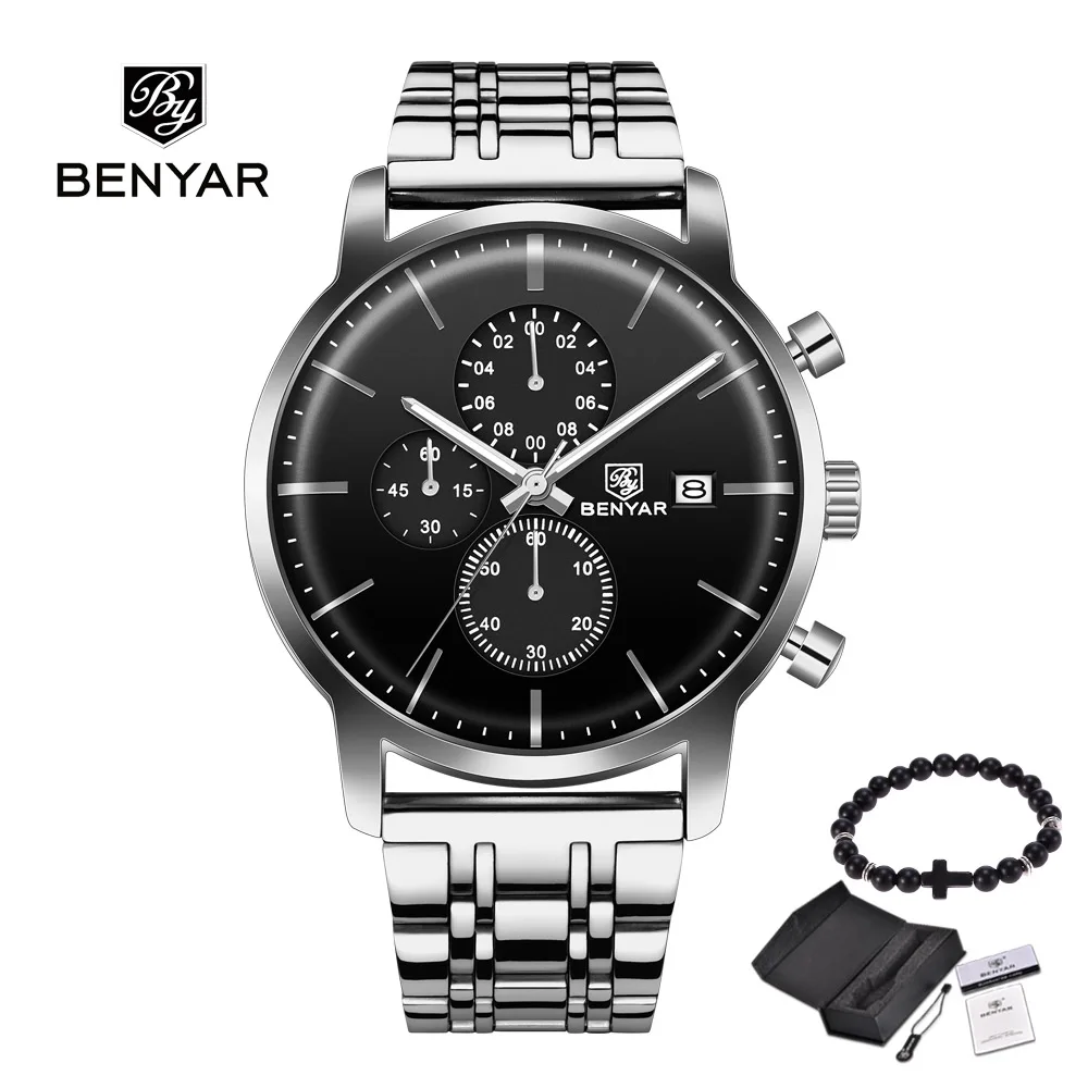 black Silver steel BENYAR новые мужские часы бизнес полностью Стальные кварцевые лучший бренд класса люкс повседневные Водонепроницаемые кожаные спортивные мужские наручные часы Relogio - Цвет: black Silver steel