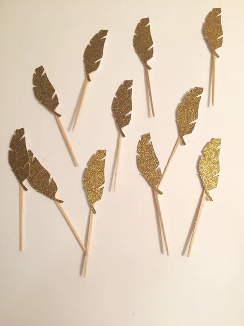 

gold glitter Feather Cupcake Toppers birthday Wedding Bridal baby Shower Engagement Party Bachelorette food picks