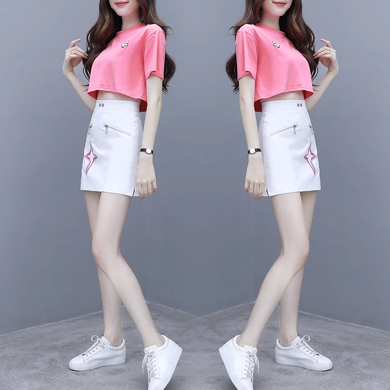Новый розовый костюм модная футболка короткая юбка с принтом комплект из двух