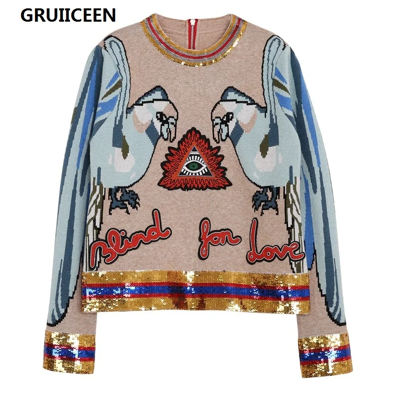 GRUIICEEN Luxury Sequined Sweater Women Knitted Letters Appliques Pollovers Jumpers with back zipper tops streetwear | Женская одежда