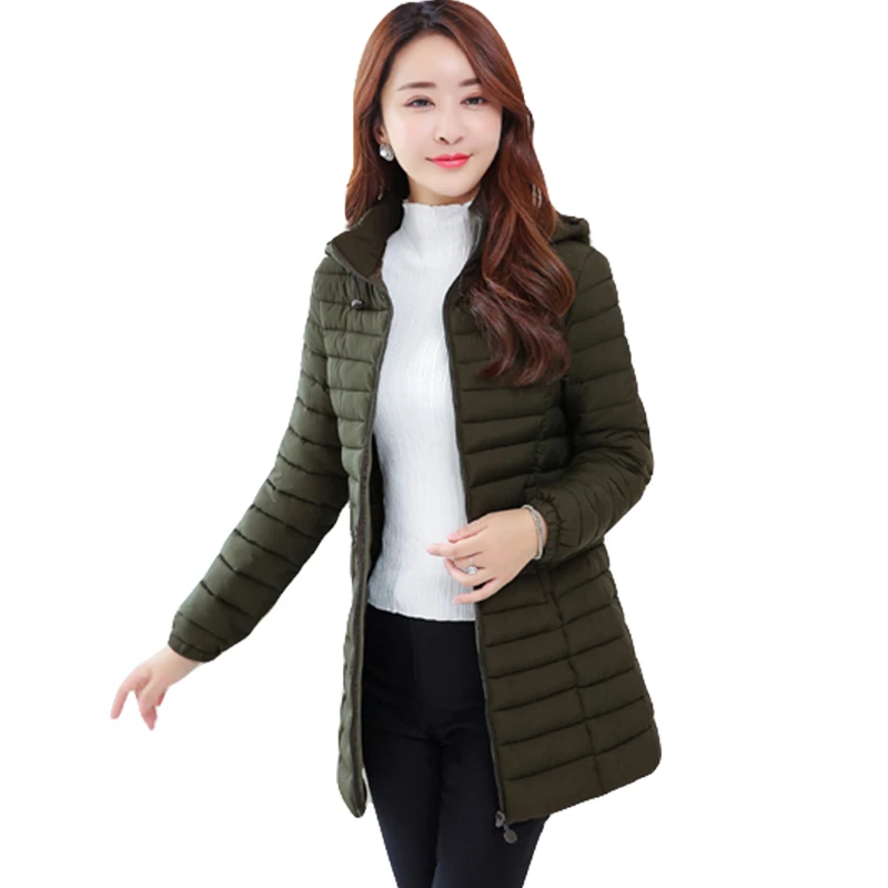 

2019 women winter hooded warm coat slim plus size Solid color cotton padded basic jacket female medium-long jacket feminina