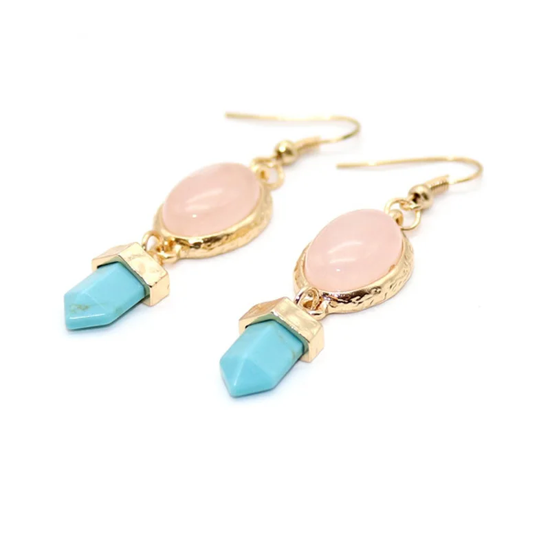 Овальный розовый кварцевый кристалл с шестигранным калаллейтом серьги из