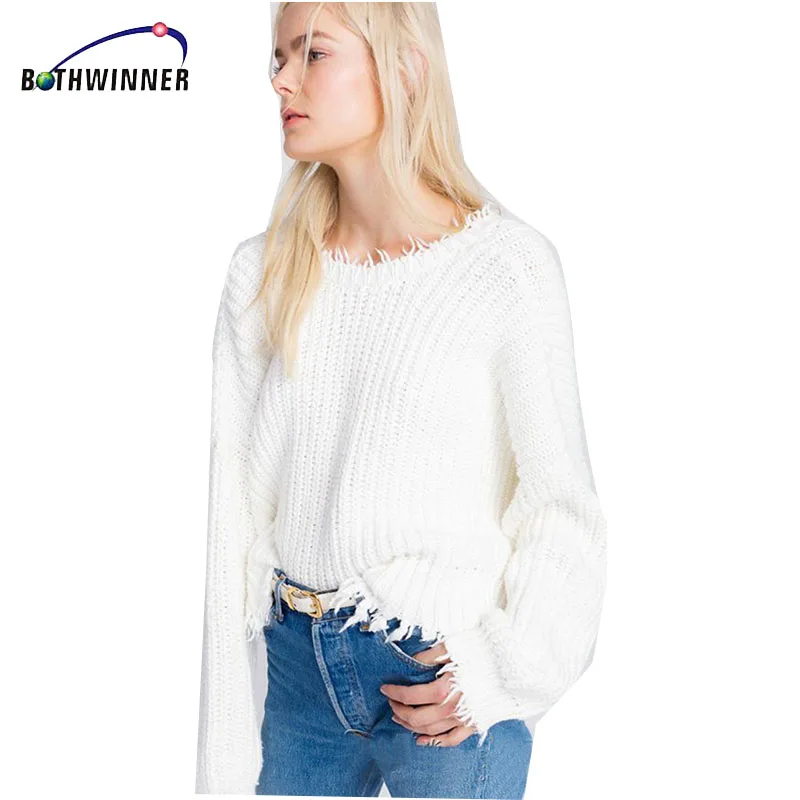 Пуловер женский Bothwinner с рукавами летучая мышь рваный свободный крой вязаный |