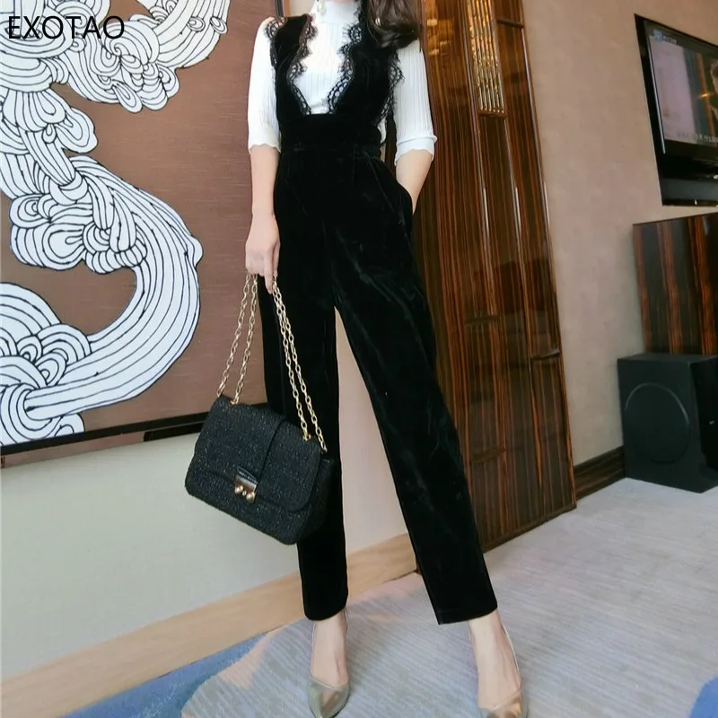 EXOTAO кружевной офисный Женский бархатный комбинезон Femme Elegante Combinaison Pantalon боди