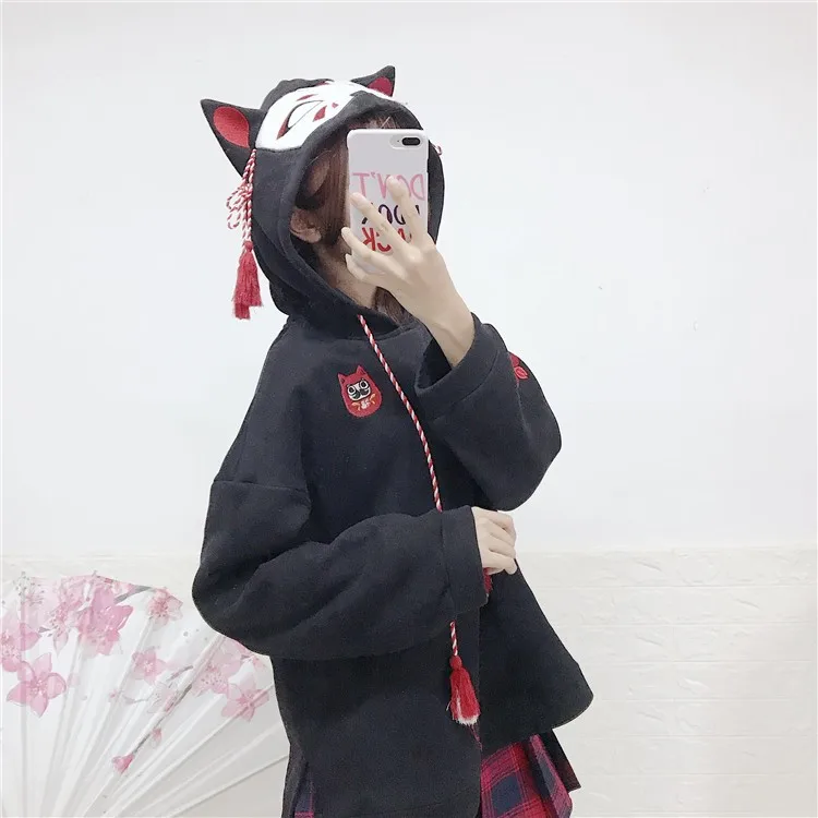 Милая женская одежда Новинка осени японский стиль kawaii мультяшный Кот вышивка