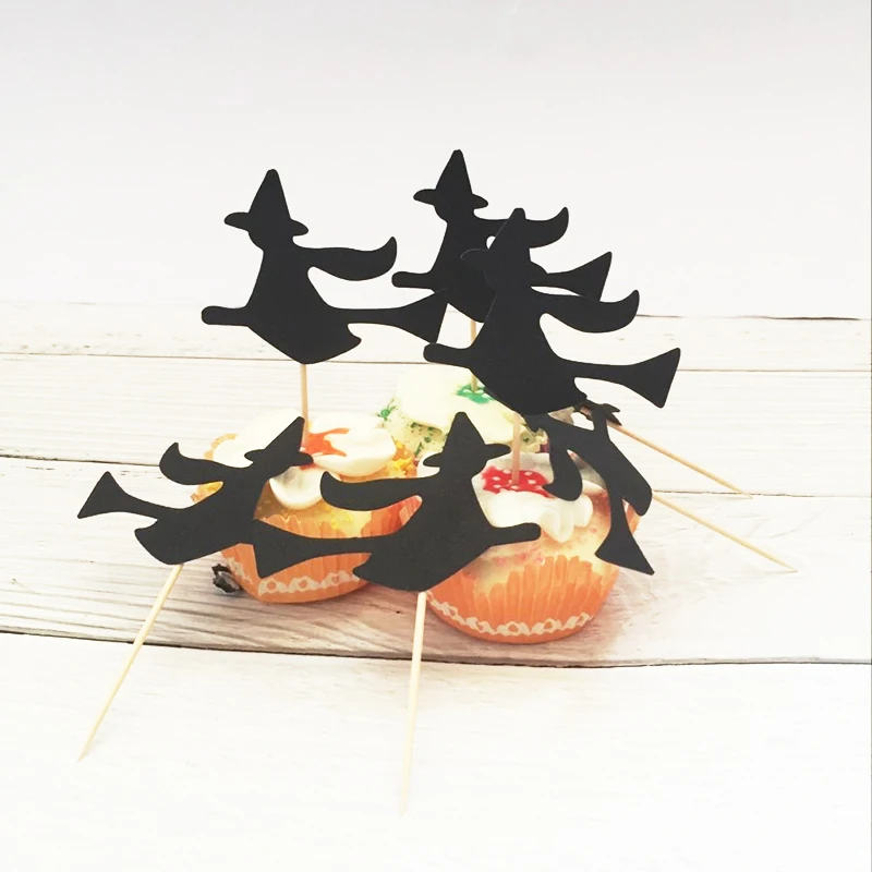 24pcs Halloween Black Witch Party Picks Toothpicks Cupcake Toppers Food Single sided 2019 | Дом и сад