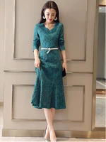 2019 spring new womens fashion temperament elegant slim lace v neck long sleeved high waist a line dress