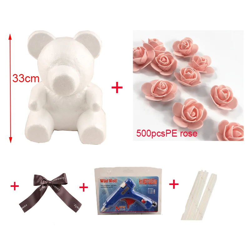 light pink package Foam Bear Mold PE Rose Artificial Flower Heads Rose Bear White Mold and Gift Box DIY Rose Bear Accessories Bag - Цвет: light pink package