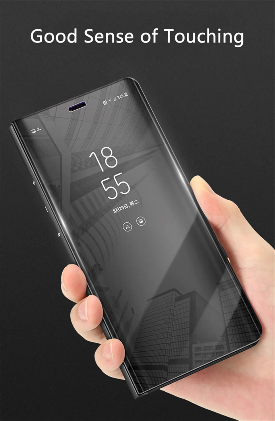 Прозрачный зеркальный флип чехол для Samsung Galaxy J4 2018 роскошный из искусственной