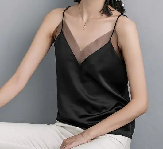 Женский Атласный топ черная шелковая блузка с глубоким v-образным вырезом и