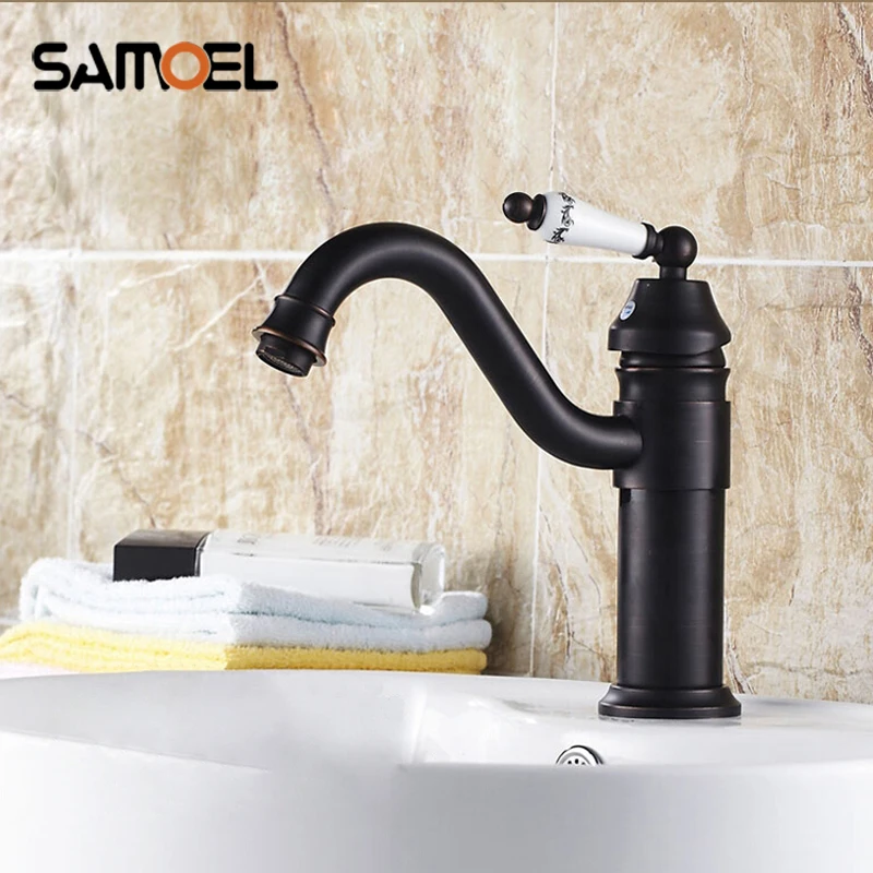 Античный латунный Смеситель для раковины в стиле ретро, смесители для раковины с синим и белым фарфором, черный смеситель с поворотным носиком B3224