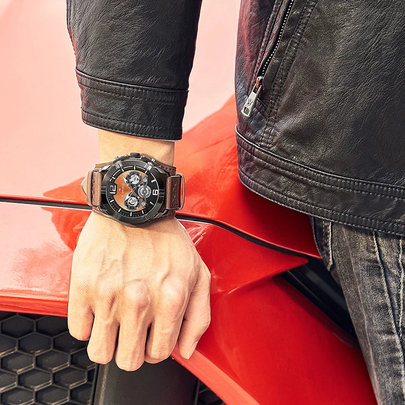 Часы NAVIFORCE мужские черные спортивные модные деловые кожаные водонепроницаемые