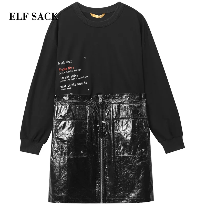 ELFSACK Новое модное женское платье с круглым вырезом и буквенным принтом, женские платья до середины икры, хлопковые лоскутные платья в консервативном стиле