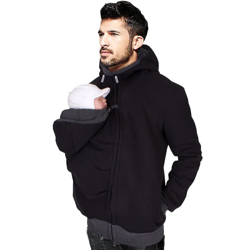

Winter Mens Two-in-one Multifunction Kangaroo Parenting Bags Hooded Jacket Carrying Baby Coat Solid Color Zip Hoodies