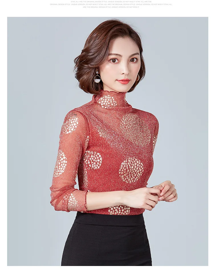 Moda Jihan, женские рубашки, блестящая сетка, кружева, звезды, длинные рукава, Топы И Футболки с внутренней одеждой, тянущаяся рубашка, оборки, обрезка, Топ