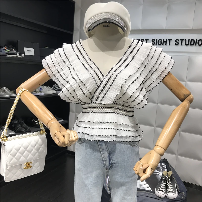 

Sweet High Waist Lace Ruffled Shirts V Neck Spliced Lace Pleated Blouses Decor Multi-Layers Short Sleeved OL Tops Party Clothing