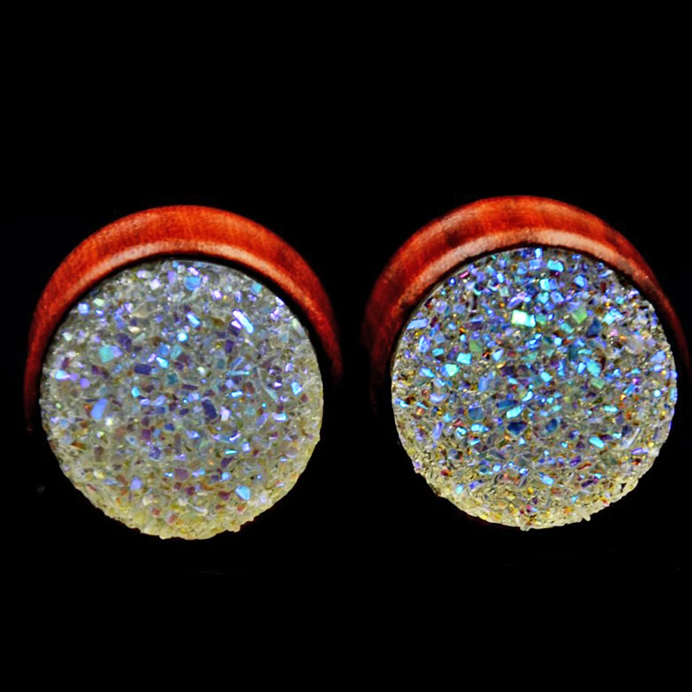 BOG-PAIR синтетический Druzy двойное расклешенное седло для ушей из дерева, тоннель, пробки для пирсинга, расширитель для ушей, модные ювелирные изделия 8-18 мм
