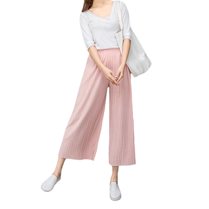 Hengsong 2018 Women Fold Pleated Palazzo Solid Long Pants Casual Mid Waist Wide Leg 713211 | Женская одежда