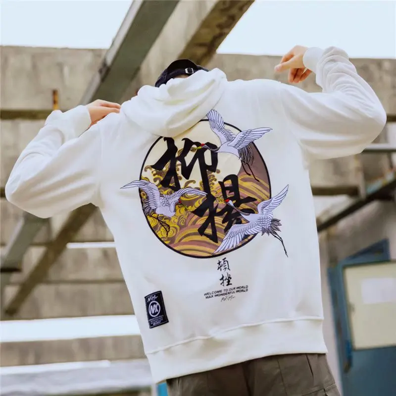 Embroidery Cranes Pullover Text Printing Hoodies Men Winter Hip Hop Male Casual Hooded Sweatshirts Streetwear Japanese