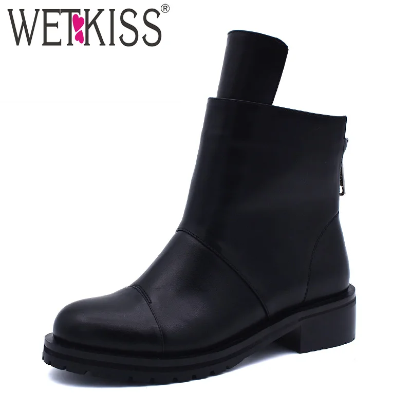 WETKISS/зимние женские ботильоны из искусственной кожи с круглым носком обувь на