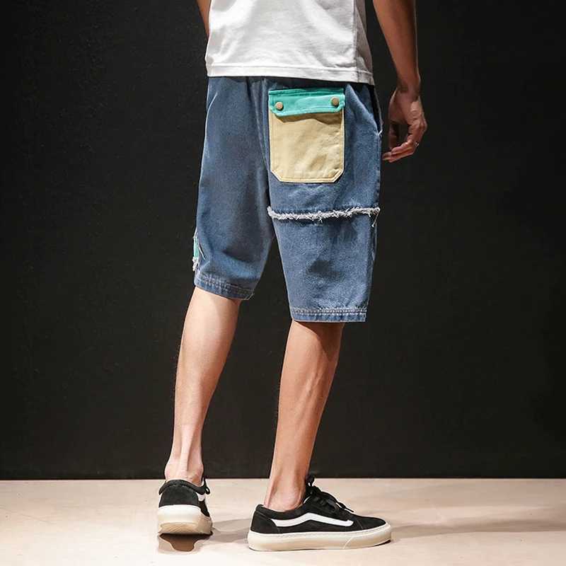 2018 новый дизайн Для мужчин джинсы брюки Лоскутные Drawstring Cargo короткие Прямые