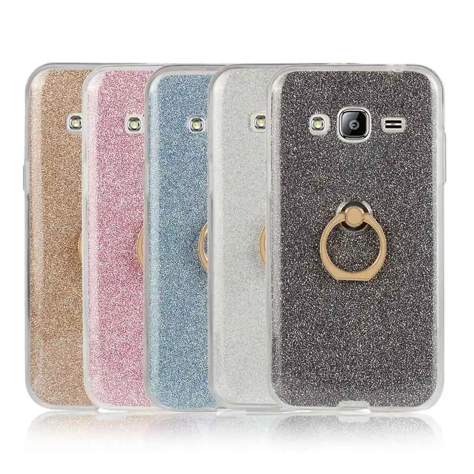 For Samsung Galaxy J3 (2016) Soft TPU with Finger Ring Stand Glitter cover sequins shell Back Cover Coque | Мобильные телефоны и