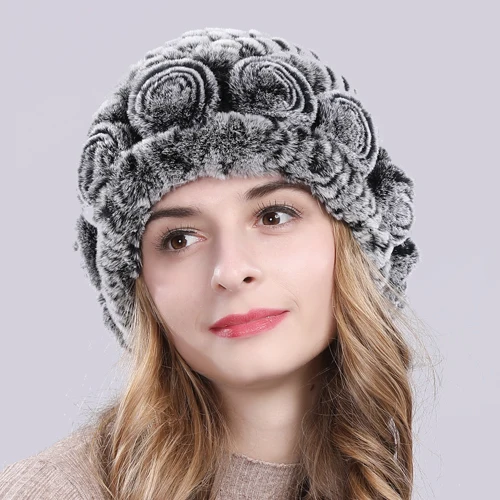 gray Новые зимние шапки из меха кролика рекс женский Настоящий мех кролика Цветочные шапочки вязаная шапка ручной работы натуральная шапка из меха кролика рекс - Цвет: gray