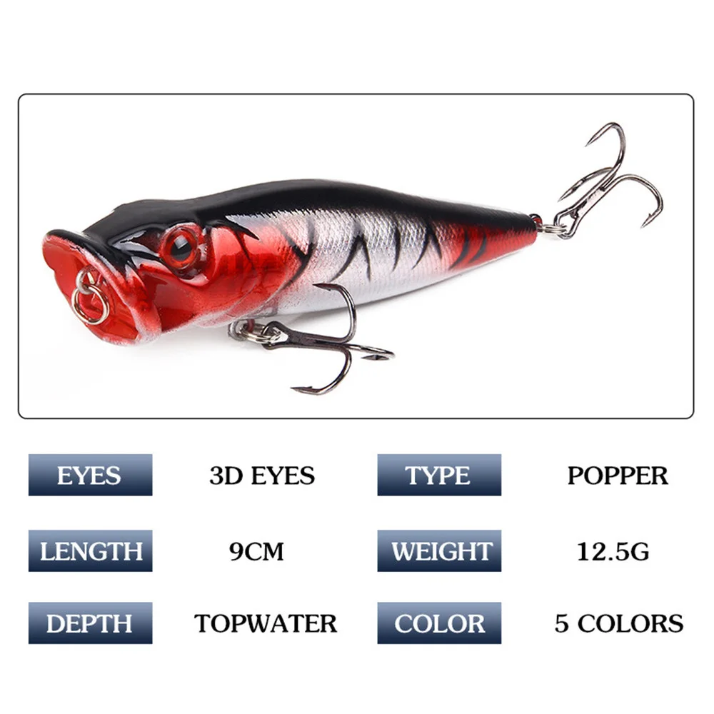 5Pcs Fishing Lure 9cm 12.5g Popper Hard Artificial Bait with 2 Treble Hooks Tackle Wobblers Crankbait Pesca Iscas Lures | Спорт и